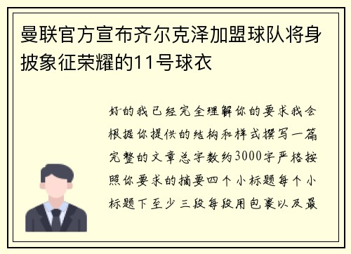 曼联官方宣布齐尔克泽加盟球队将身披象征荣耀的11号球衣