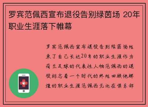 罗宾范佩西宣布退役告别绿茵场 20年职业生涯落下帷幕 罗宾范佩西宣布退役告别绿茵场 20年职业生涯落下帷幕